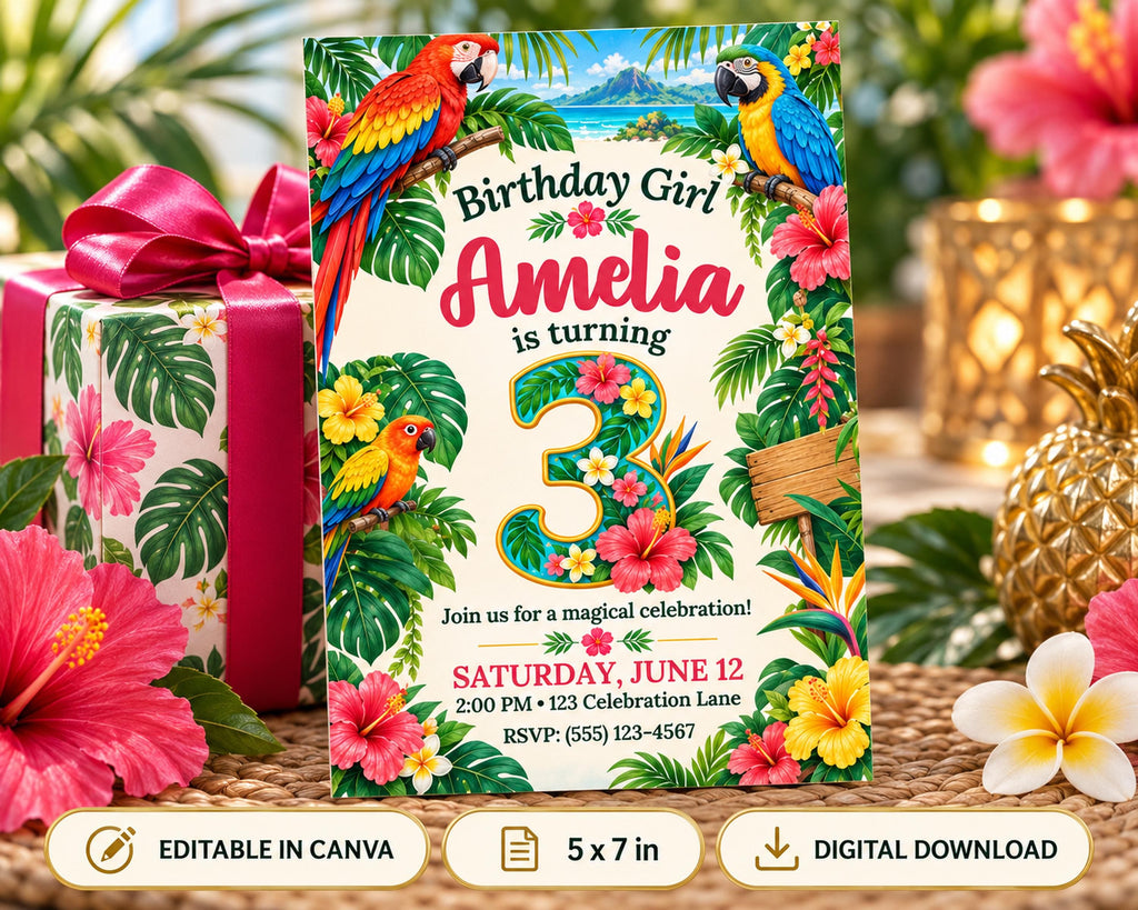A colorful birthday invitation for a girl named Amelia, featuring tropical flowers, birds, and palm leaves.