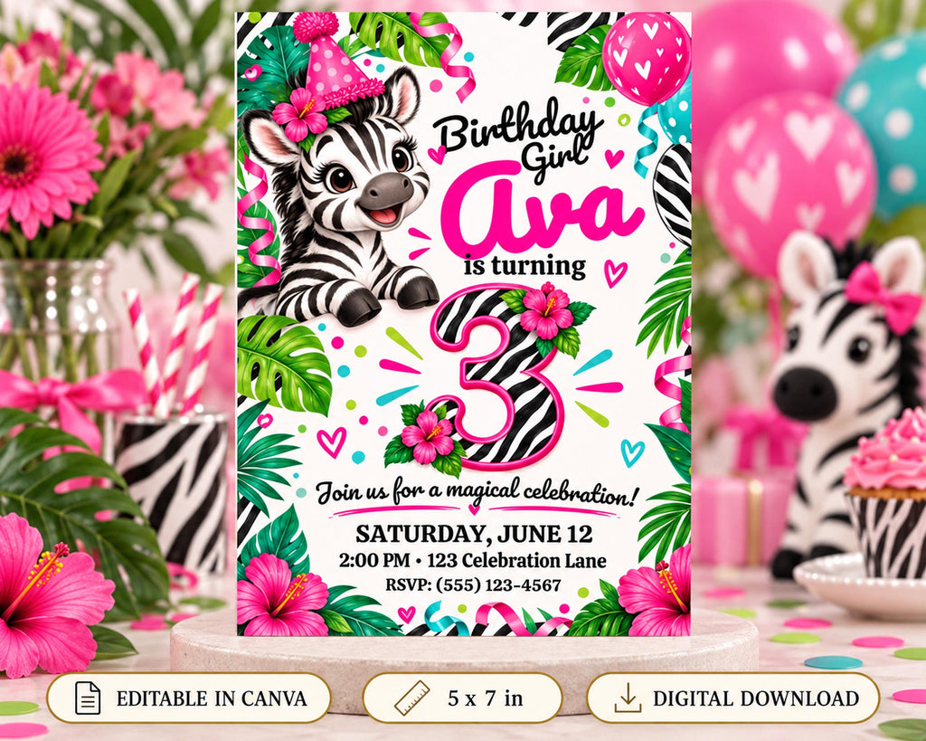 A birthday invitation for a girl named Ava, featuring a zebra and tropical elements, with a pink and green color scheme.