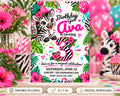 A birthday invitation for a girl named Ava, featuring a zebra and tropical elements, with a pink and green color scheme.
