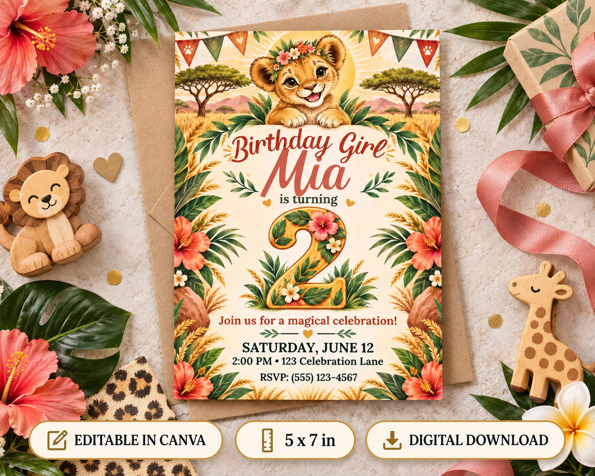 A birthday invitation for a girl named Mia, featuring a lion, giraffe, and other animals surrounded by tropical foliage and flowers.