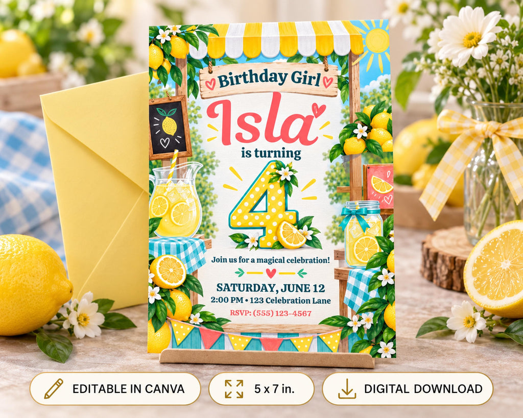 A colorful birthday invitation for a girl named Isla, featuring illustrations of lemons, flowers, and a lemonade pitcher.