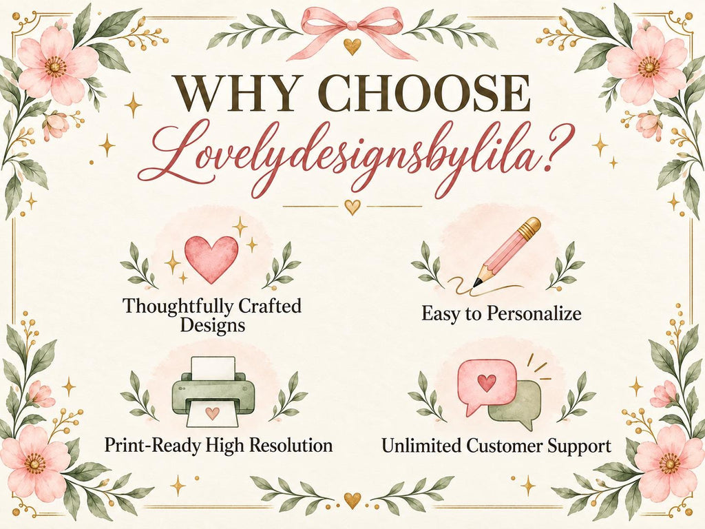 The image is a promotional graphic for a company named "Lovely Designs by Lila", featuring various design services and features.