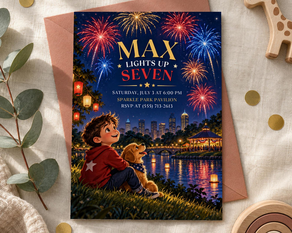 The image is a birthday invitation featuring a young boy sitting on the grass and watching fireworks in the night sky.