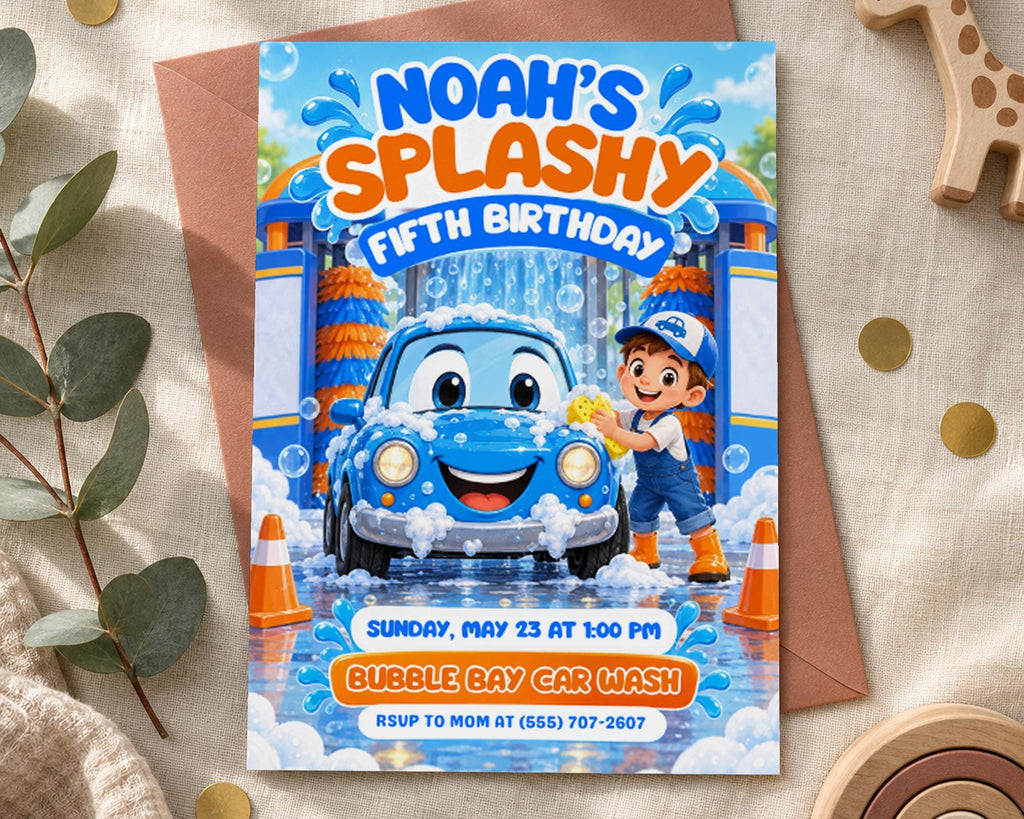 The image is a birthday invitation for Noah's fifth birthday, featuring a cartoon car wash scene with a young boy washing a car.