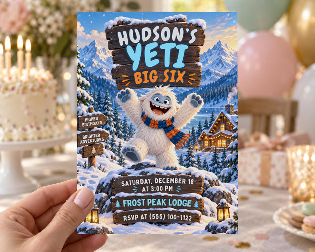 A hand holding a birthday invitation for a child named Hudson's Yeti, featuring a snowy mountain landscape and a cartoon yeti character.