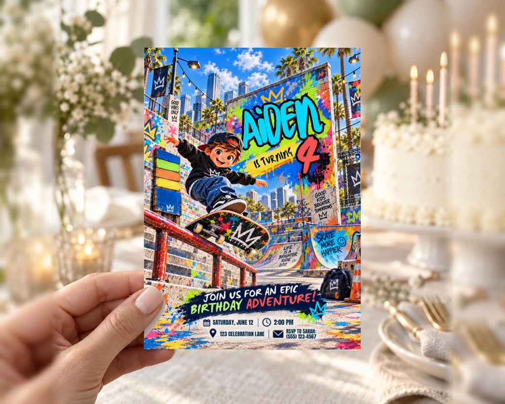 A hand holding a colorful birthday party invitation featuring a skateboarder performing a trick on a ramp, with a city skyline in the background.