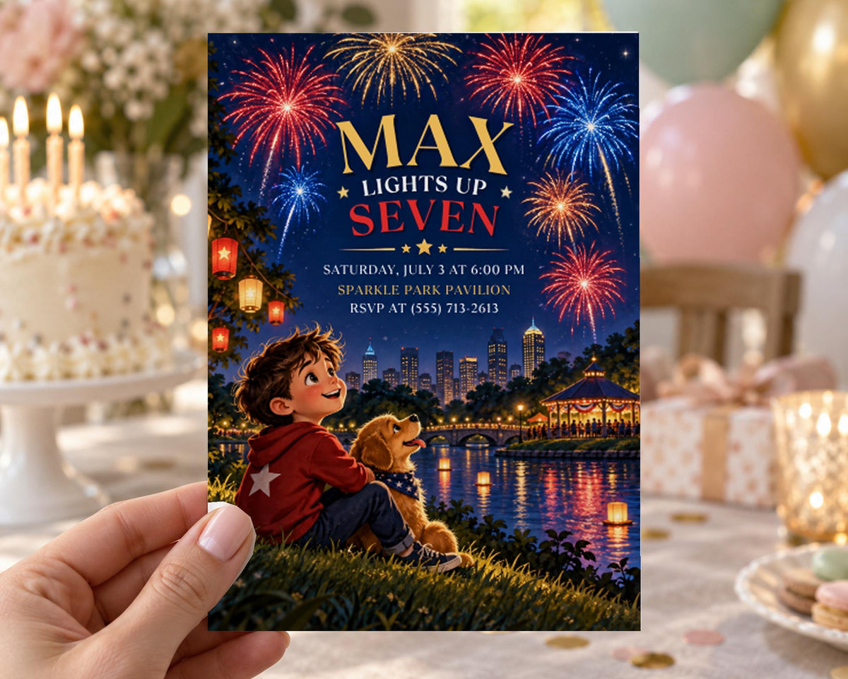 The image is a birthday party invitation featuring a young boy sitting on the grass and watching fireworks in the night sky.