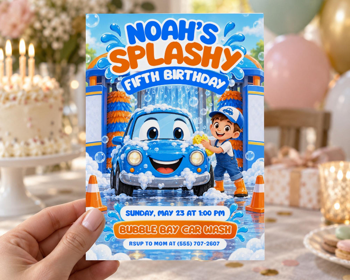 A hand holding a birthday invitation for Noah's fifth birthday party, featuring a car wash theme with a cartoon car and a young boy.