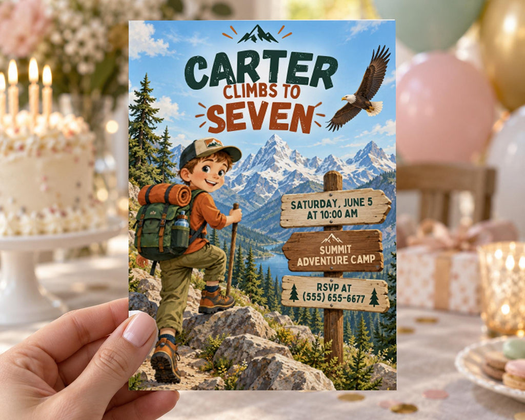 A hand holding a birthday invitation card with a cartoon image of a boy climbing a mountain, surrounded by nature and mountains.