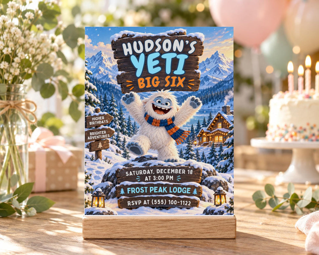 The image is a birthday invitation featuring a cartoon yeti, a friendly snow monster, surrounded by a snowy mountain landscape. The invitation is for a birthday party at the Frost Peak Lodge, with details about the event and the time of the party.