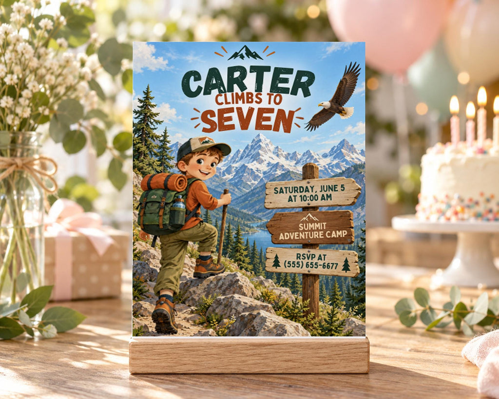 A birthday party invitation featuring a cartoon boy climbing a mountain, with a signpost indicating the location and time of the event.