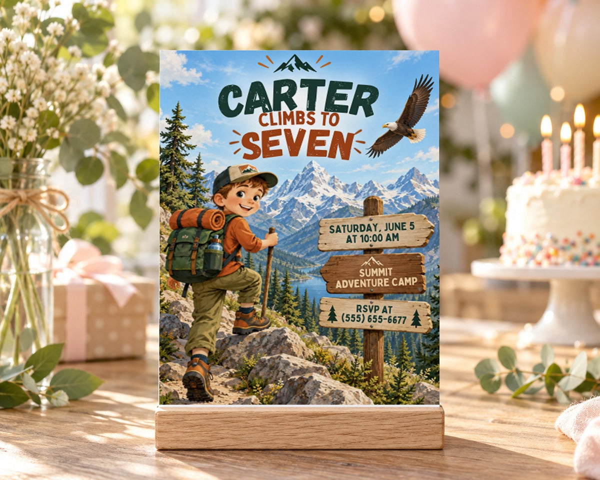 A birthday party invitation featuring a cartoon boy climbing a mountain, with a signpost indicating the location and time of the event.
