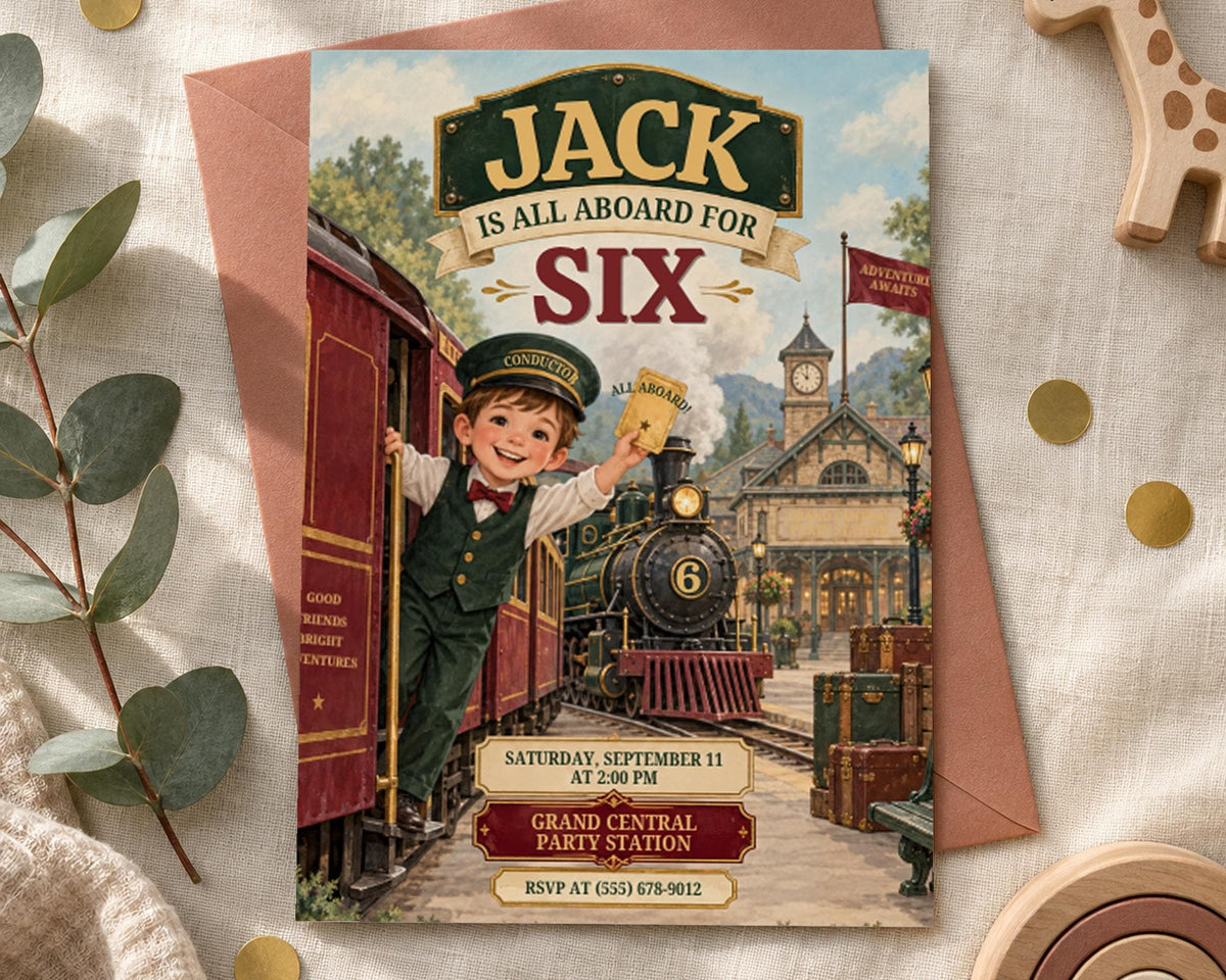 The image is a birthday invitation for a train-themed party, featuring a young boy dressed as a train conductor and a train on a track.