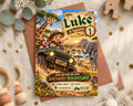 A birthday party invitation featuring a jungle scene with a child riding a jeep, surrounded by animals and a sunset backdrop.
