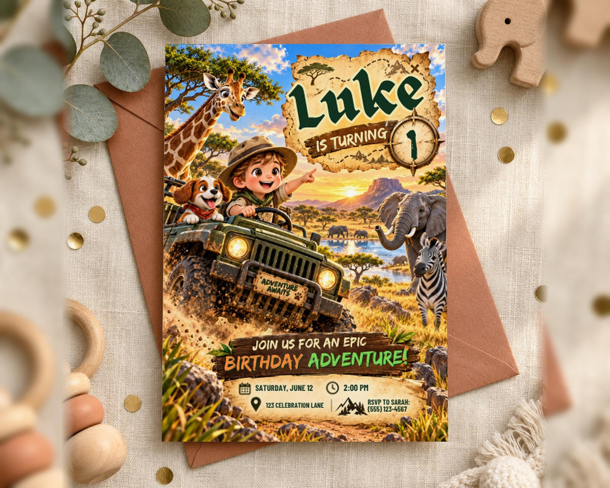 A birthday party invitation featuring a jungle scene with a child riding a jeep, surrounded by animals and a sunset backdrop.