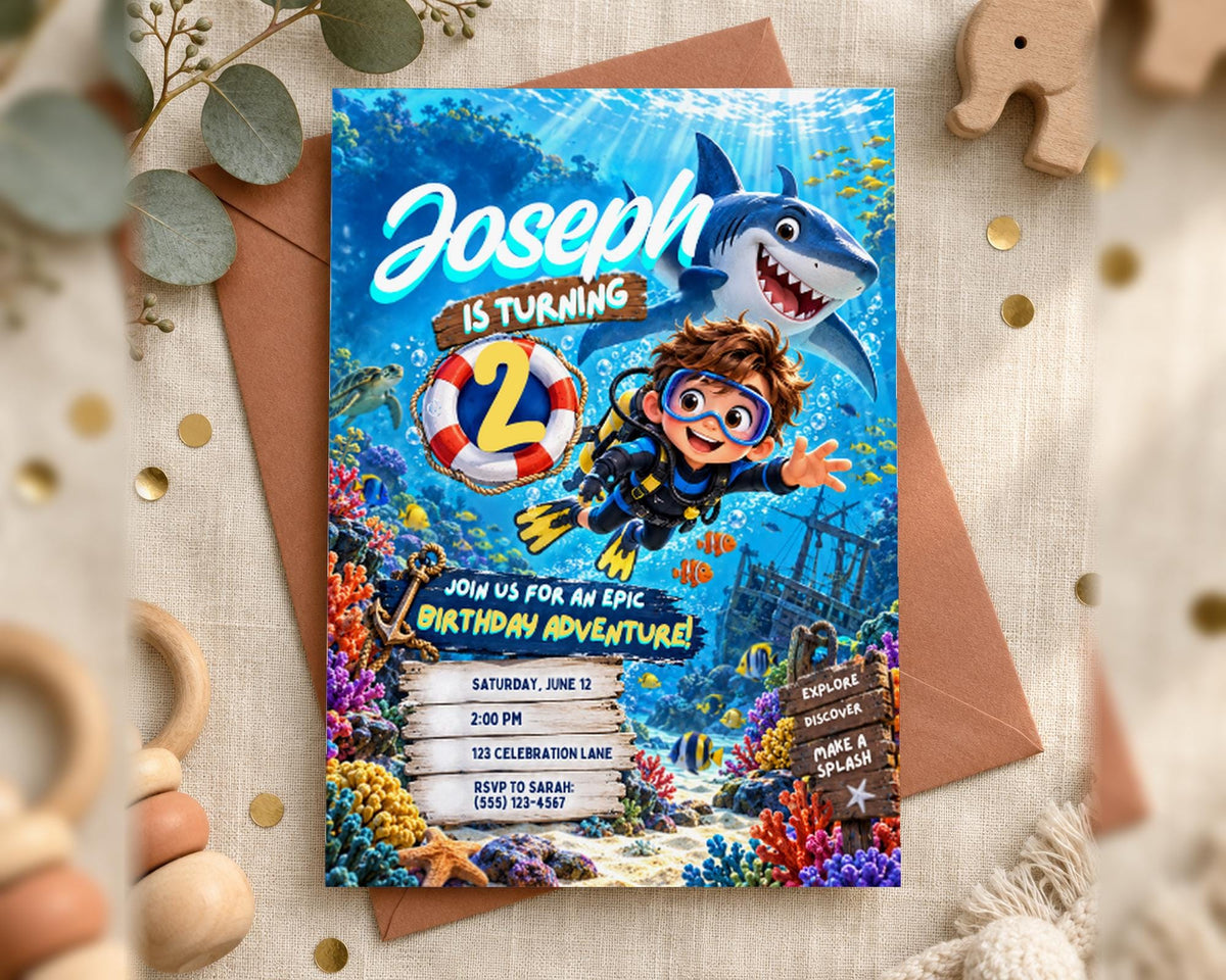 A birthday party invitation featuring a young boy diving into the ocean with a shark, surrounded by colorful marine life and underwater scenery.