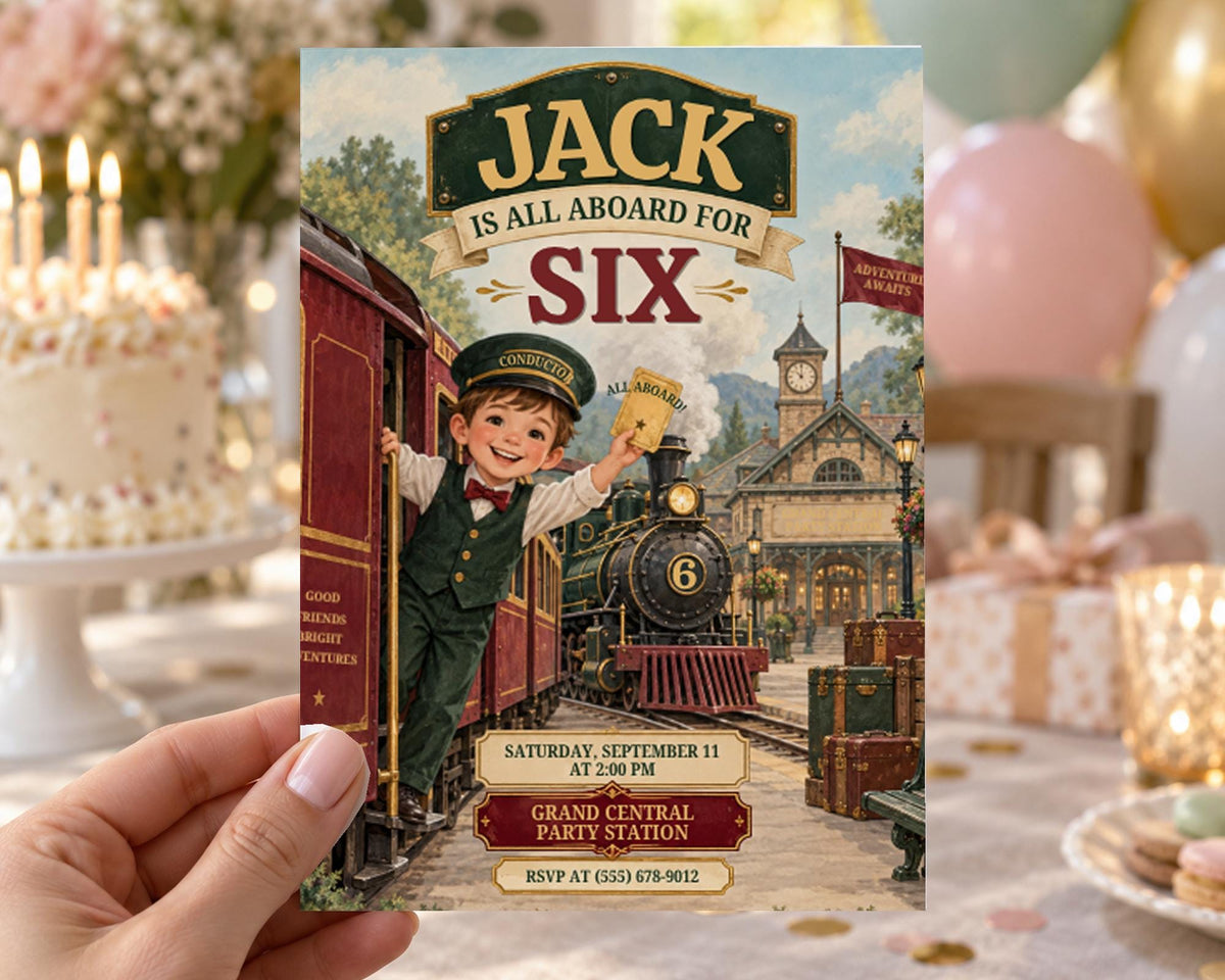 The image is a birthday invitation for a train-themed party, featuring a young boy dressed as a train conductor and a train on a track.