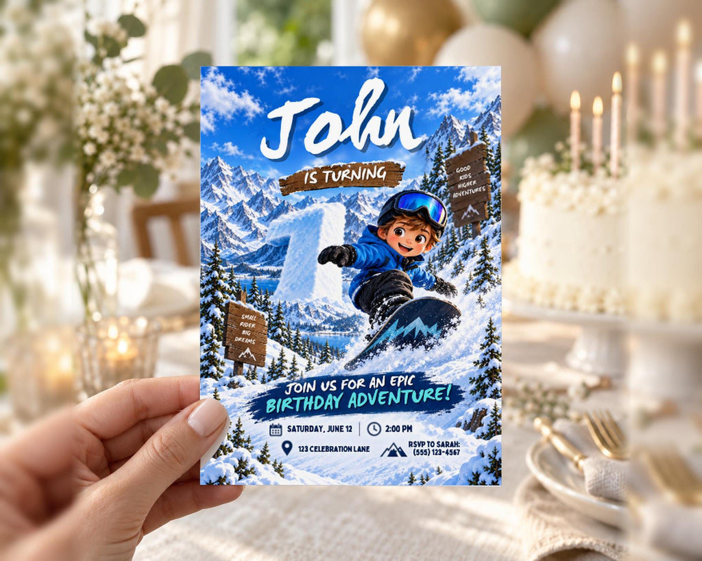 A birthday party invitation for a child named John, featuring a snowboarder and a mountain landscape.