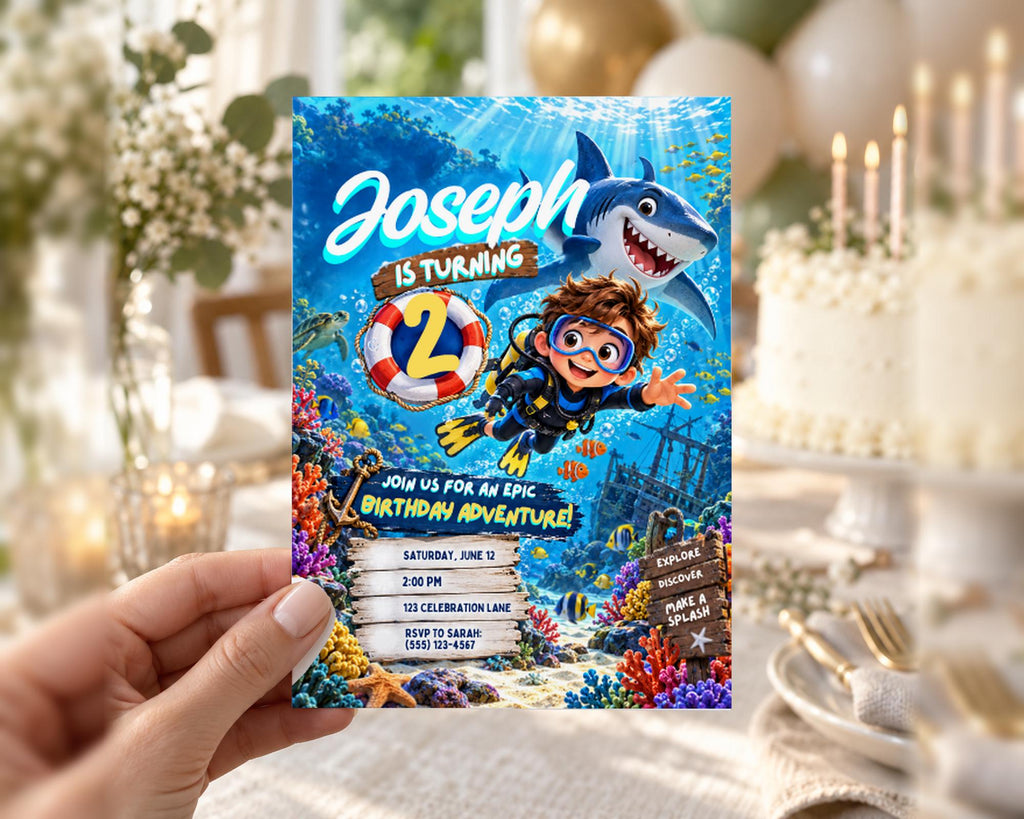 A birthday party invitation featuring a young boy in scuba diving gear, surrounded by an underwater scene with a shark and colorful marine life.