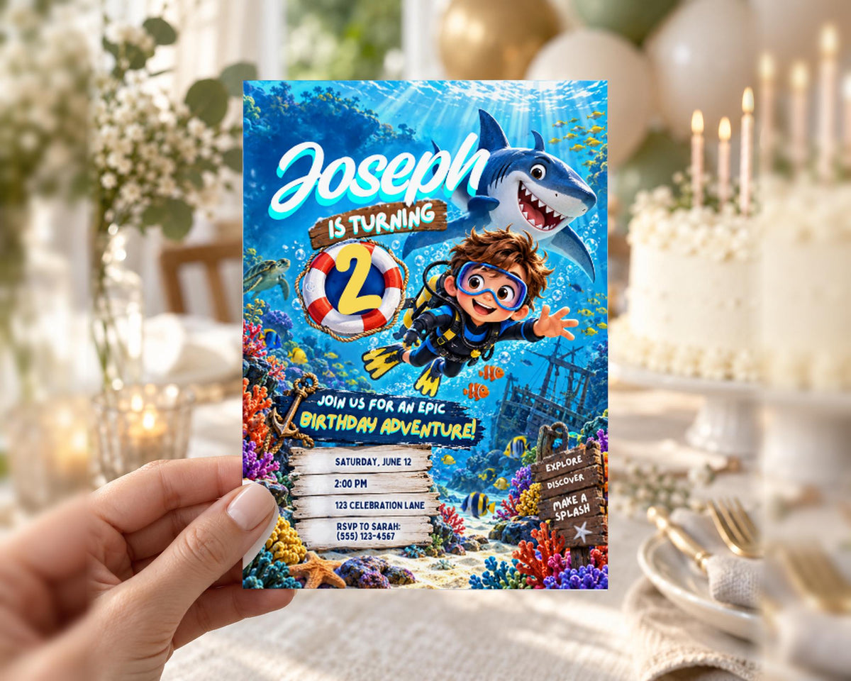 A birthday party invitation featuring a young boy in scuba diving gear, surrounded by an underwater scene with a shark and colorful marine life.