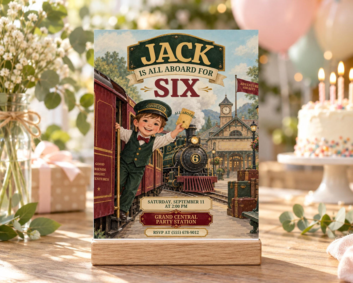 A birthday party invitation featuring a train and a young boy, with the text "JACK IS ALL ABoard FOR SIX" and details about the event.