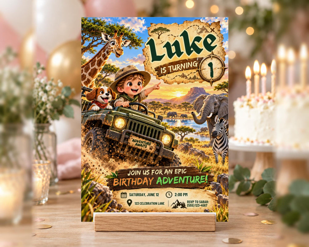 A birthday party invitation featuring a jungle scene with a boy riding a jeep, surrounded by animals such as a giraffe, zebra, and dog.
