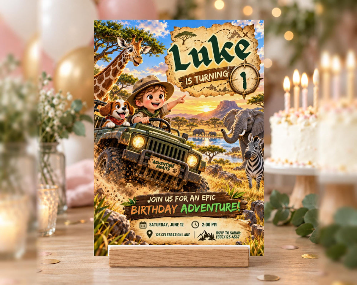 A birthday party invitation featuring a jungle scene with a boy riding a jeep, surrounded by animals such as a giraffe, zebra, and dog.