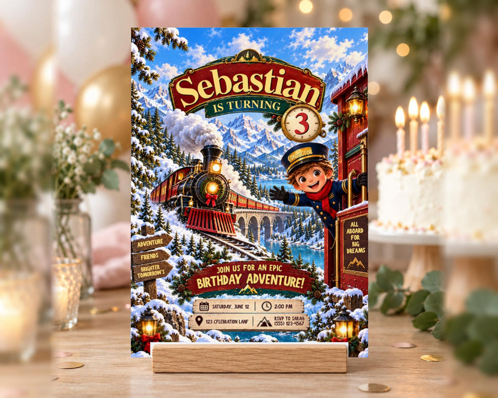 The image is a birthday invitation for a child named Sebastian, featuring a train and snowy mountains as the main background.