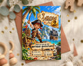 A birthday party invitation featuring a pirate theme, with a pirate character holding a treasure chest and surrounded by palm trees, treasure chests, and a pirate ship.