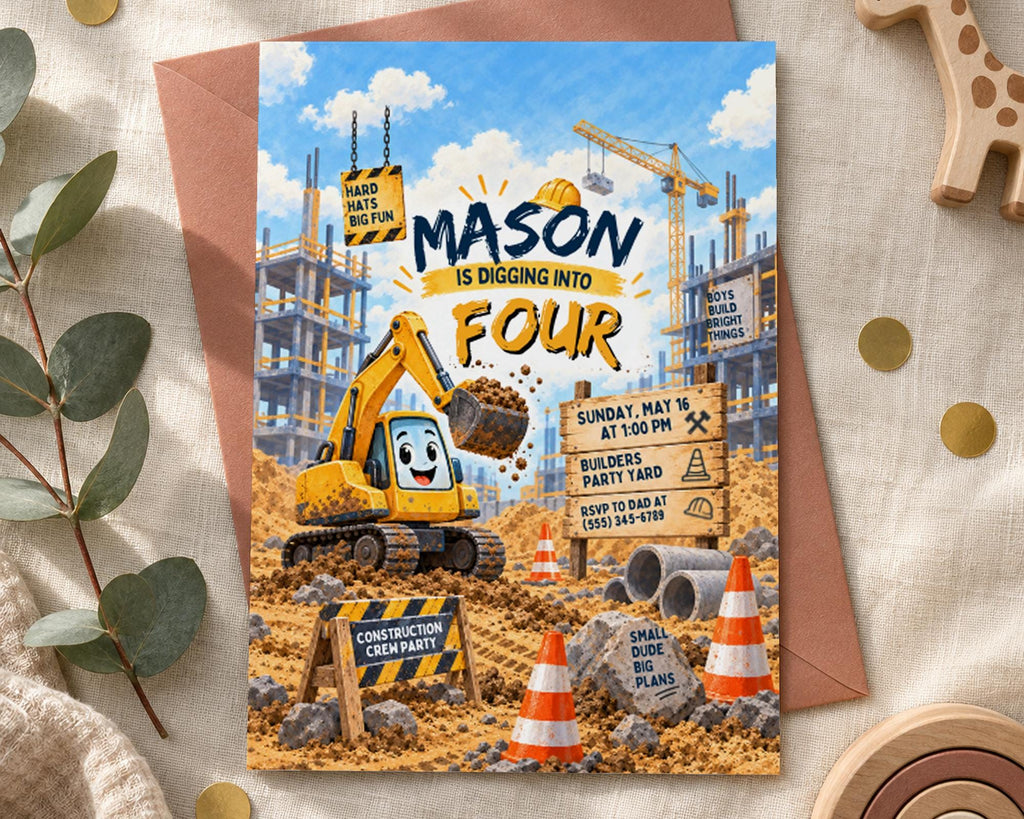The image is a birthday invitation for a construction-themed party, featuring a cartoon construction vehicle and construction equipment.