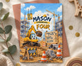 The image is a birthday invitation for a construction-themed party, featuring a cartoon construction vehicle and construction equipment.