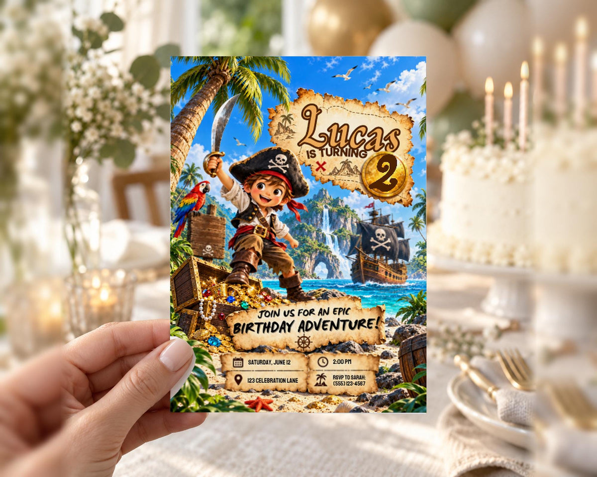 A birthday party invitation featuring a pirate theme, with a pirate character and a treasure chest on the cover.