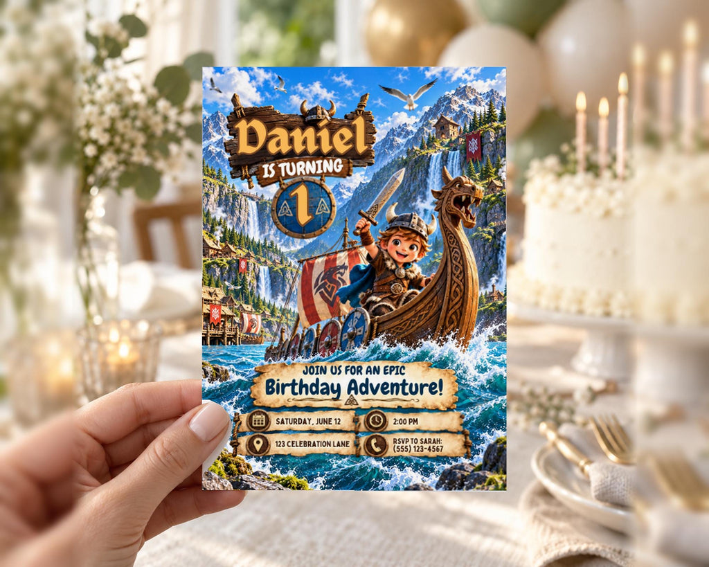 The image is a birthday invitation for a child named Daniel, featuring a cartoon character on a boat in a fantasy setting.