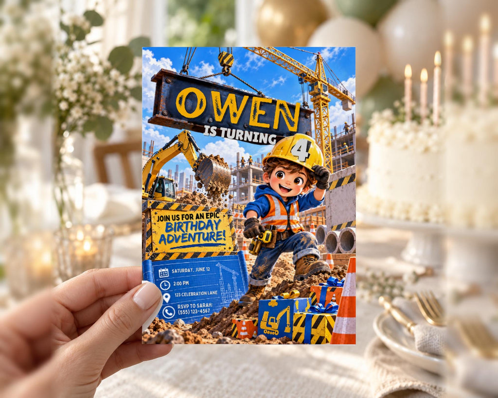 The image is a birthday party invitation featuring a cartoon character, Owen, who is turning 4 years old. The invitation is set against a construction site backdrop, with a crane and other construction equipment visible.