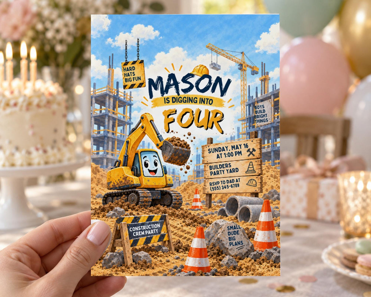 The image is a birthday party invitation featuring a construction theme, with a cartoon construction worker and various construction elements such as a crane, pipes, and a sign.