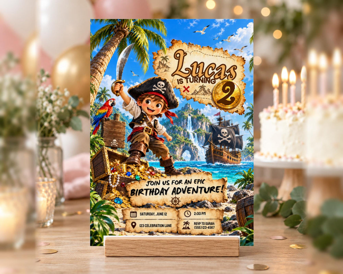 A birthday party invitation featuring a pirate theme, with a young boy dressed as a pirate and surrounded by pirate-themed decorations.