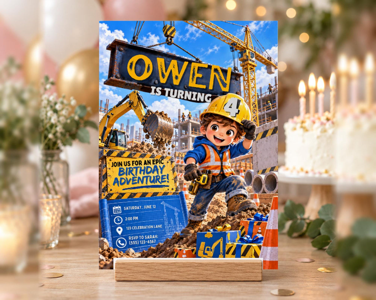 A birthday party invitation featuring a cartoon character, Owen, who is turning 4 years old. The invitation includes details about the party, such as the date, time, location, and a list of activities.