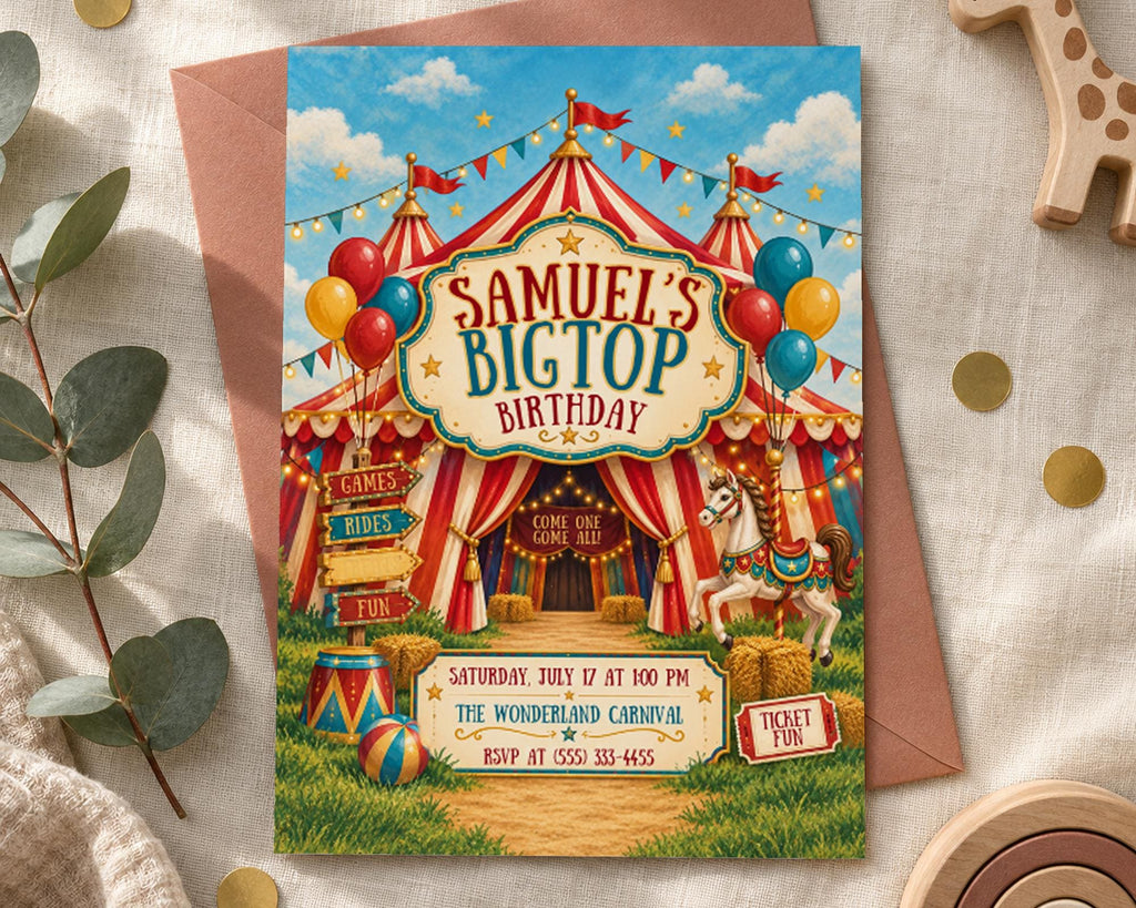 The image is a birthday invitation for a child named Samuel, featuring a circus theme with a circus tent, balloons, and a horse.