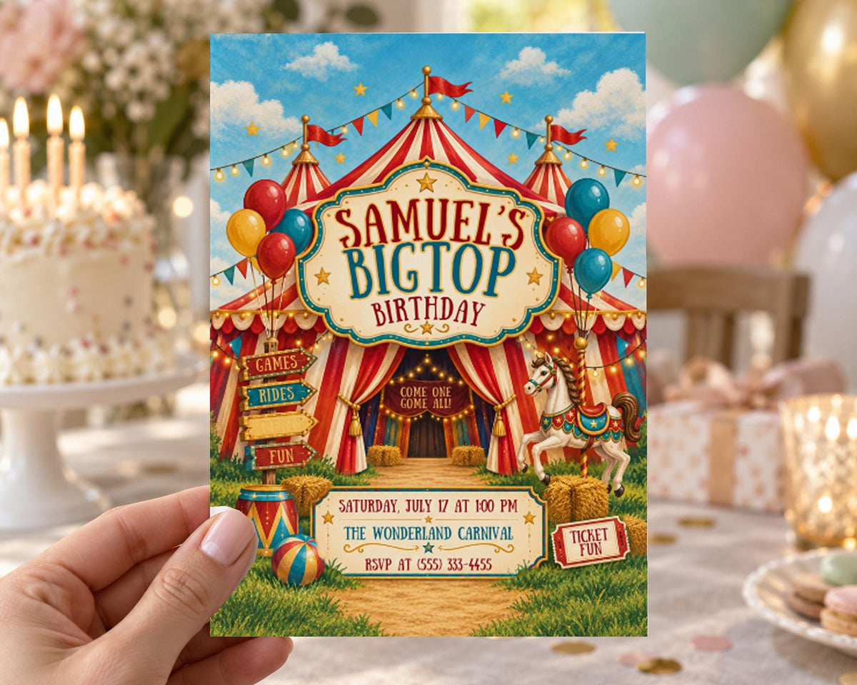 The image is a birthday invitation for a child named Samuel, featuring a circus theme with a circus tent, balloons, and a horse.