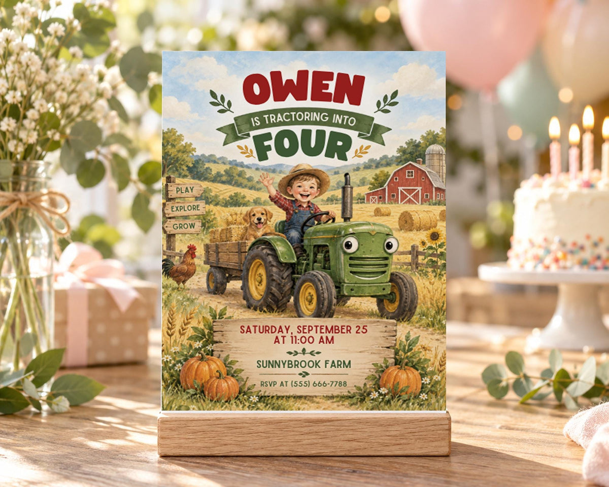 The image is a birthday invitation featuring a tractor and farm-themed illustrations, with a young boy waving from the tractor. The invitation is for Owen's fourth birthday party at Sunnybrook Farm on Saturday, September 25 at 11:00 AM.