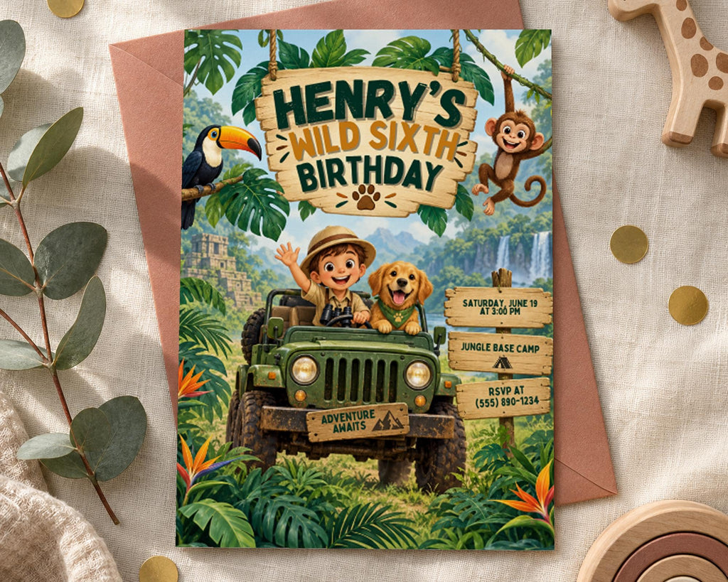 The image is a birthday invitation for a boy named Henry's wild sixth birthday. It features a jungle scene with a jeep, a dog, and a monkey, along with text indicating the event details.