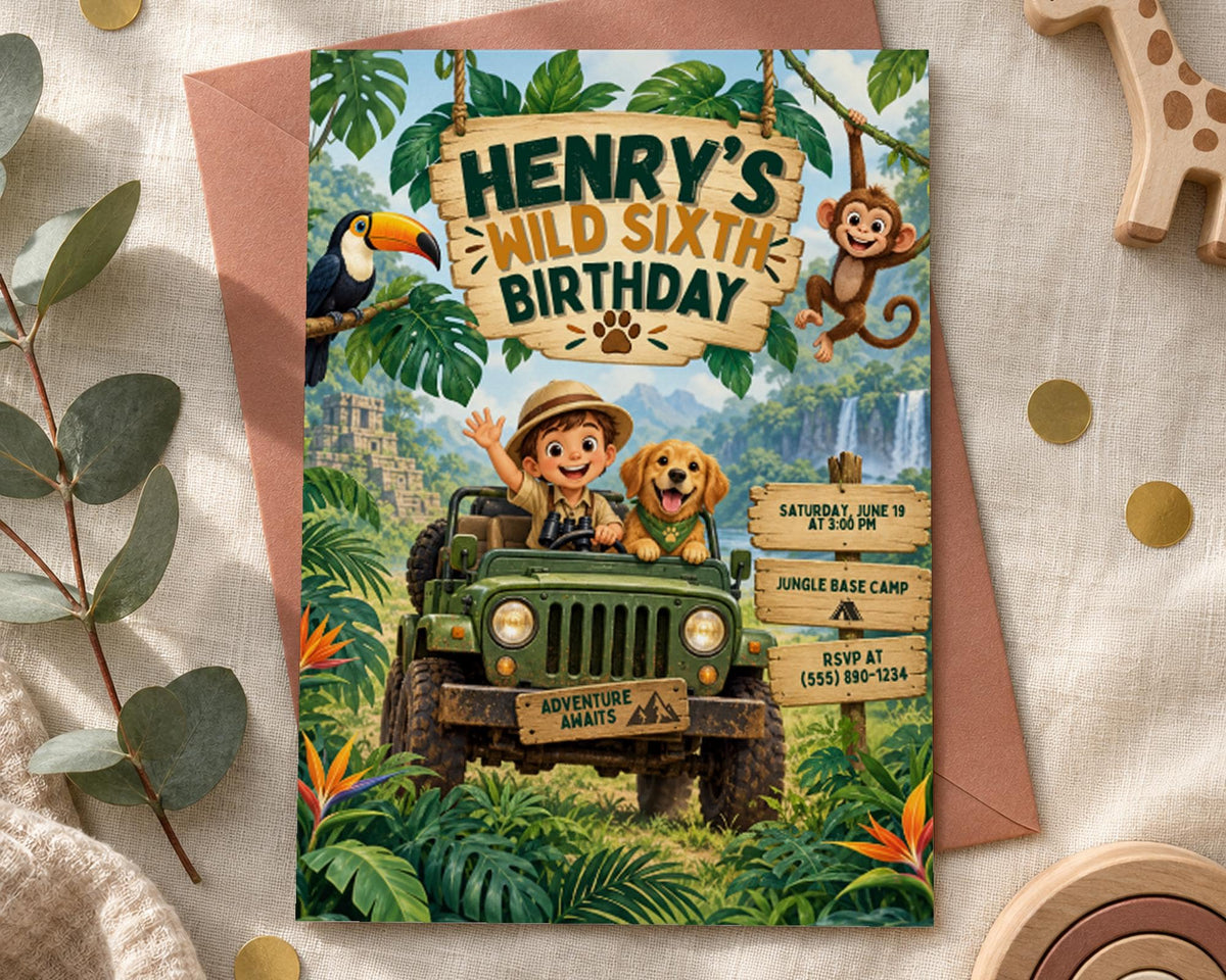 The image is a birthday invitation for a boy named Henry's wild sixth birthday. It features a jungle scene with a jeep, a dog, and a monkey, along with text indicating the event details.