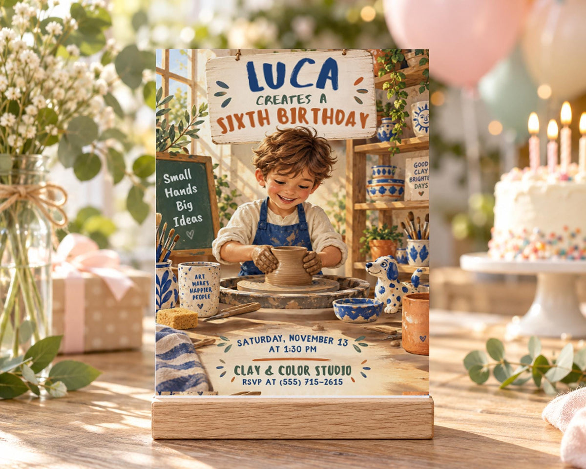 The image is a birthday invitation for a child named Luca, featuring a young boy working on pottery in a studio. The invitation is for a sixth birthday party and includes details about the event, such as the date, time, and location.