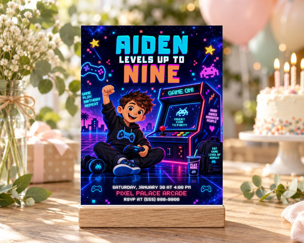The image is a birthday invitation featuring a boy playing a video game, surrounded by neon lights and a pixel palace arcade.