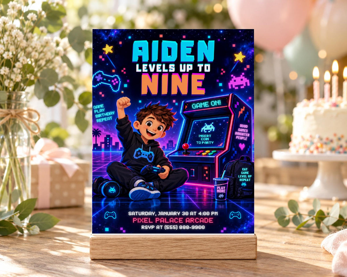 The image is a birthday invitation featuring a boy playing a video game, surrounded by neon lights and a pixel palace arcade.
