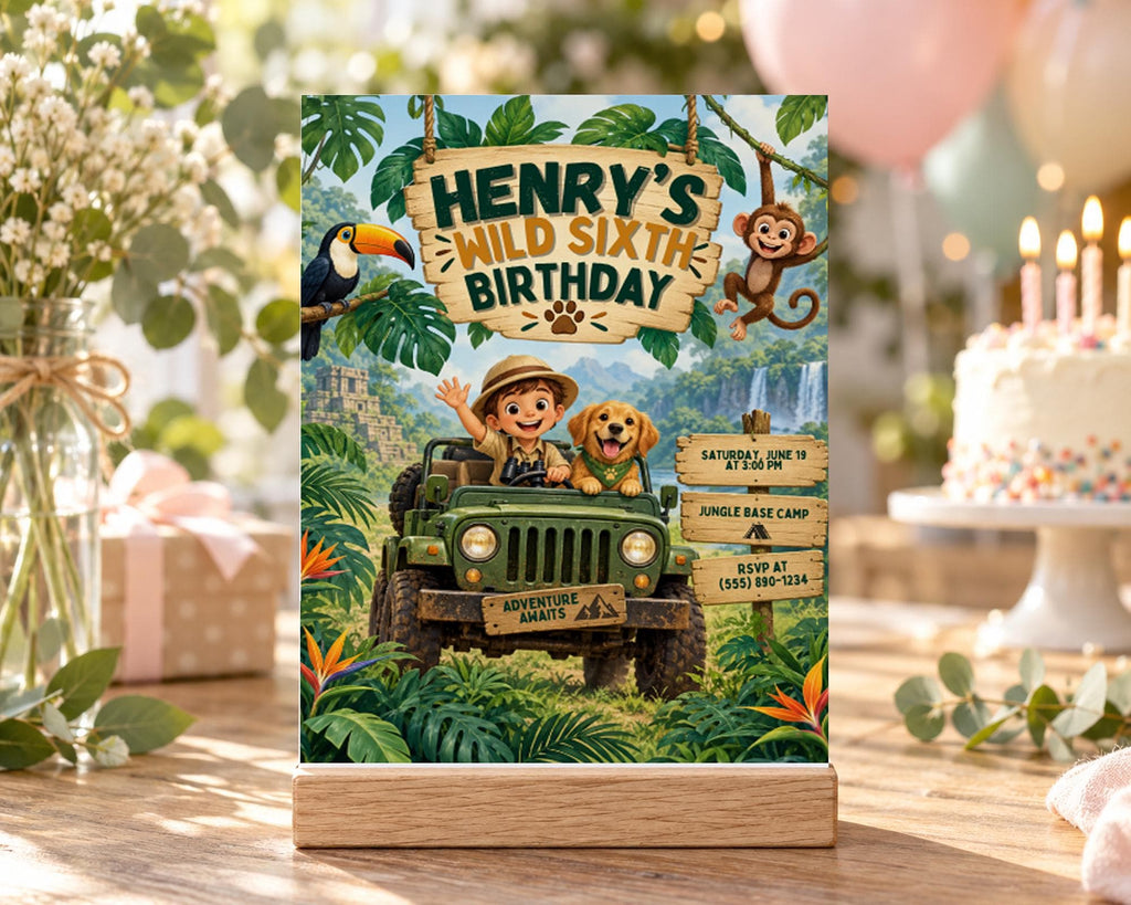 A birthday party invitation featuring a jungle scene with a boy and a dog, along with a jungle-themed background and a jungle camp sign.