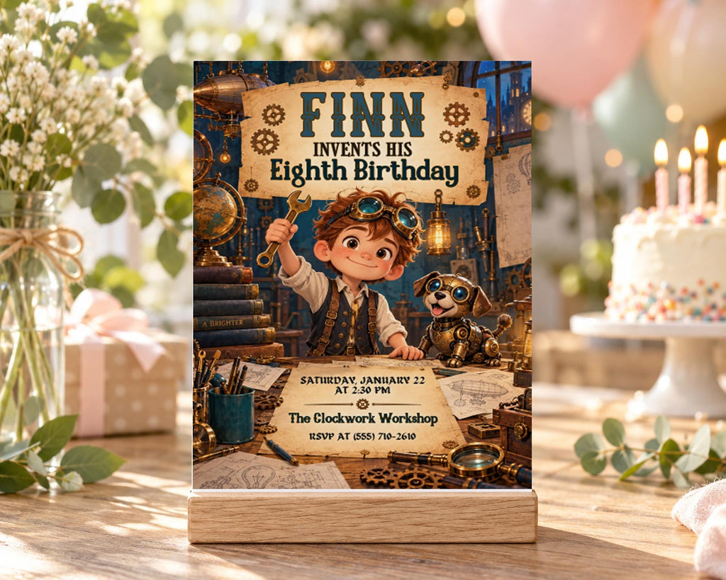 The image is a birthday invitation for a boy named Finn, who is turning eight years old. The invitation features a cartoon image of Finn and his dog, surrounded by various mechanical and industrial elements, suggesting a theme related to time travel or the future.