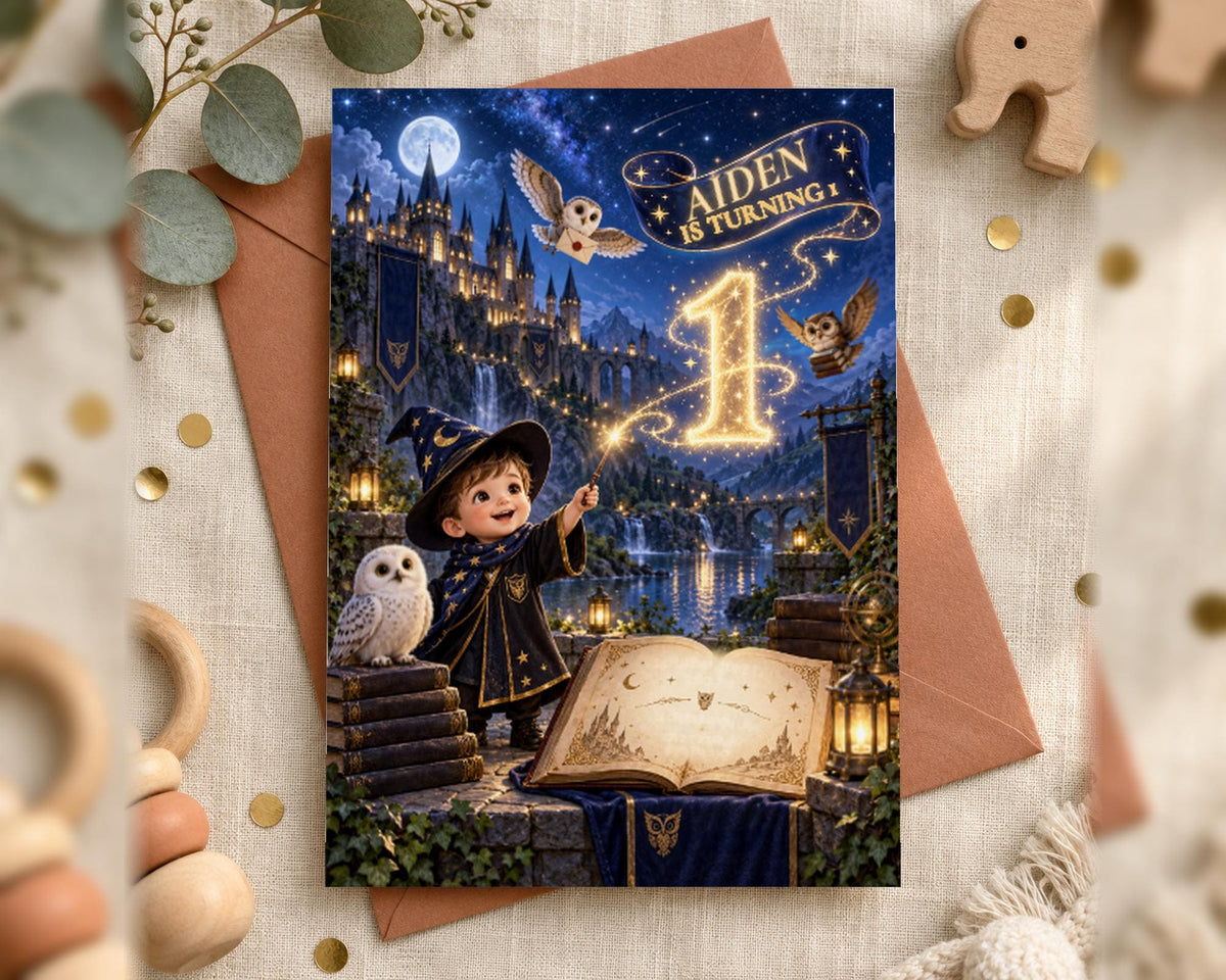 A birthday card featuring a young boy dressed as a wizard, surrounded by a magical castle, owls, and a book, with the text "Aiden is turning 1" prominently displayed.