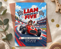 The image is a birthday party invitation featuring a racing theme, with a red race car and a person racing in the background.