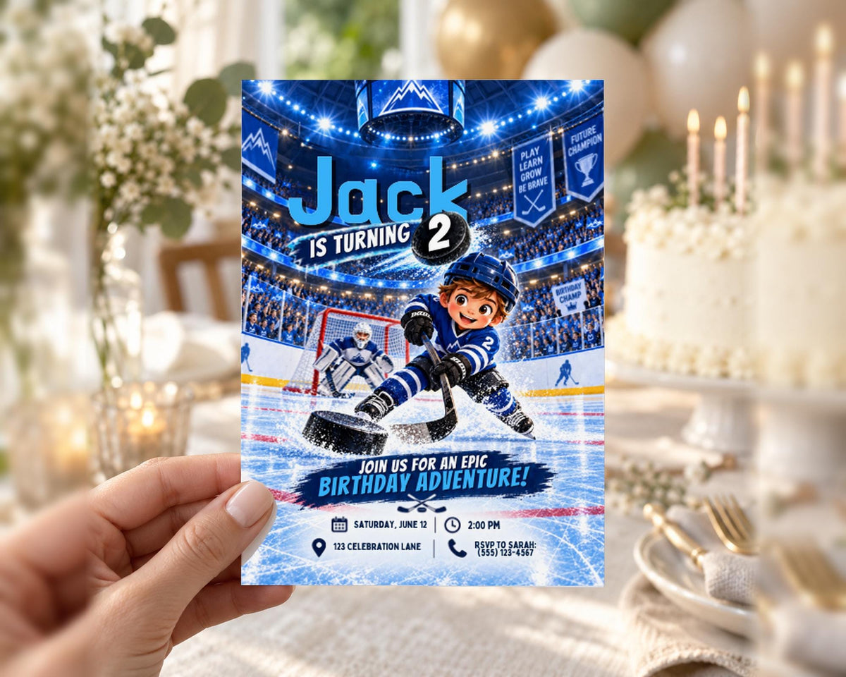 A person is holding a birthday party invitation featuring a hockey theme, with a hockey rink and players on the background.